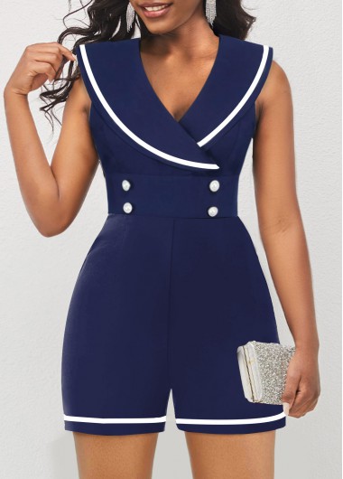 Modlily Navy Contrast Binding Sleeveless Shawl Collar Romper - XL