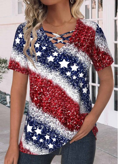 Modlily Navy Criss Cross Flag Print Short Sleeve T Shirt - S