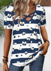 Modlily Navy Criss Cross Striped Short Sleeve T Shirt - L