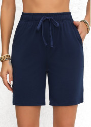 Modlily Navy Double Side Pockets Elastic Waist High Waisted Shorts - S