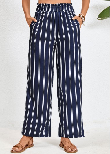 Modlily Navy Double Side Pockets Striped Elastic Waist Pants - XL