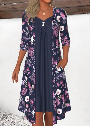 Modlily Navy Fake 2in1 Floral Print A Line Dress - M