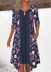 Modlily Navy Fake 2in1 Floral Print A Line Dress - M