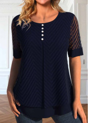 Modlily Navy Fake 2in1 Short Sleeve Round Neck Blouse - M