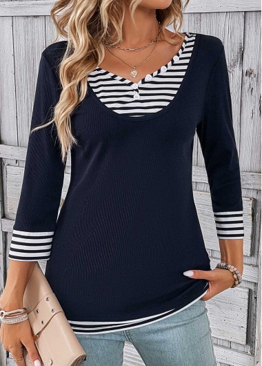 Modlily Navy Fake 2in1 Striped T Shirt - S