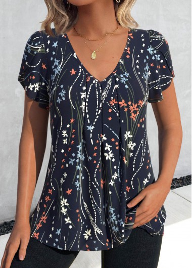 Modlily Navy Floral Print Short Sleeve V Neck T Shirt - S