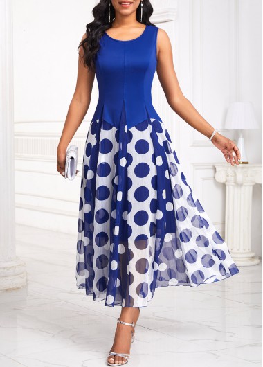 Modlily Navy Insert Polka Dot Sleeveless Round Neck Dress - S