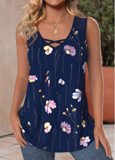 Modlily Navy Lace Floral Print Sleeveless V Neck Tank Top - XXL