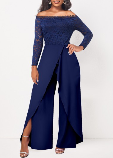 Modlily Navy Lace Long Off Shoulder Jumpsuit - XXL