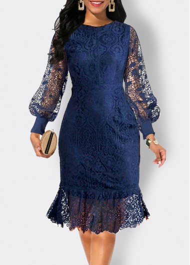 Modlily Navy Lace Long Sleeve Scoop Neck Bodycon Dress - S