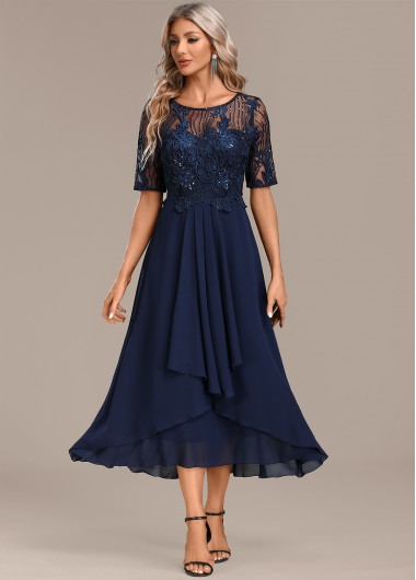 Modlily Navy Lace Short Sleeve Round Neck Dress - S