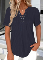 Modlily Navy Lace Up Short Sleeve T Shirt - S