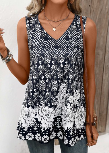 Modlily Navy Lightweight Random Floral Print Sleeveless Tank Top - XL