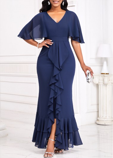 Modlily Navy Mermaid Half Sleeve V Neck Bodycon Maxi Dress - S