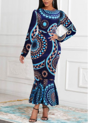 Modlily Navy Mermaid Tribal Print Long Sleeve Bodycon Dress - M