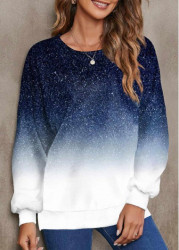 Modlily Navy Ombre Long Sleeve Round Neck Sweatshirt - S