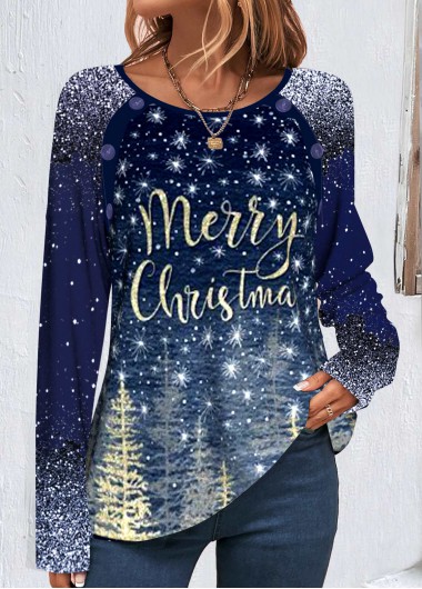 Modlily Navy Patchwork Christmas Print Long Sleeve Round Neck Sweatshirt - M