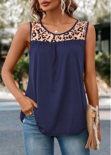 Modlily Navy Patchwork Leopard Round Neck Tank Top - M