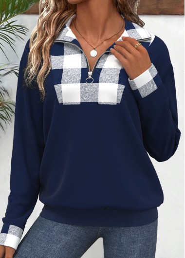 Modlily Navy Patchwork Plaid Long Sleeve Turn Down Collar Sweatshirt - S