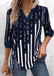 Modlily Navy Patchwork Striped 3/4 Sleeve Split Neck Blouse - S