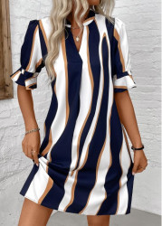 Modlily Navy Patchwork Striped Half Sleeve Split Neck Dress - S