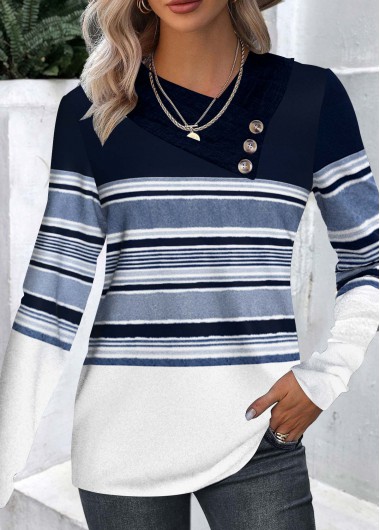 Modlily Navy Patchwork Striped Long Sleeve Asymmetrical Neck T Shirt - M