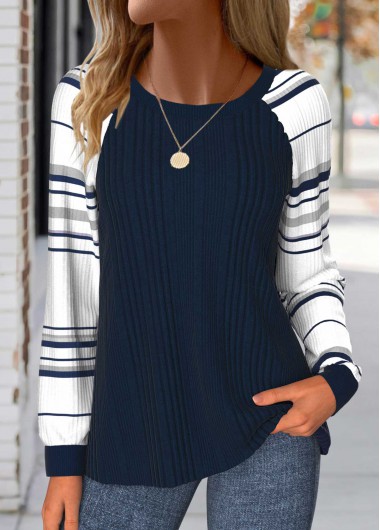 Modlily Navy Patchwork Striped Long Sleeve Round Neck Sweatshirt - M