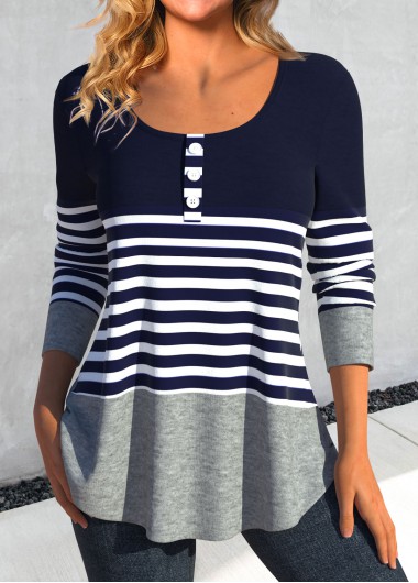 Modlily Navy Patchwork Striped Long Sleeve T Shirt - M