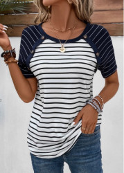 Modlily Navy Patchwork Striped Short Sleeve T Shirt - M