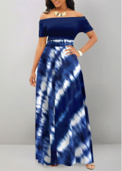 Modlily Navy Patchwork Tie Dye Print Short Sleeve Maxi Dress - M