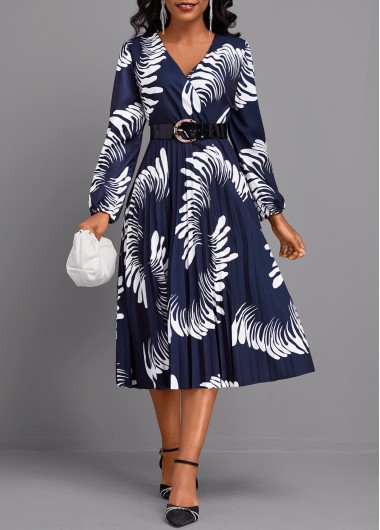 Modlily Navy Pleated Graffiti Print Long Sleeve V Neck Dress - M