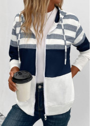 Modlily Navy Pocket Striped Long Sleeve Hooded Coat - M