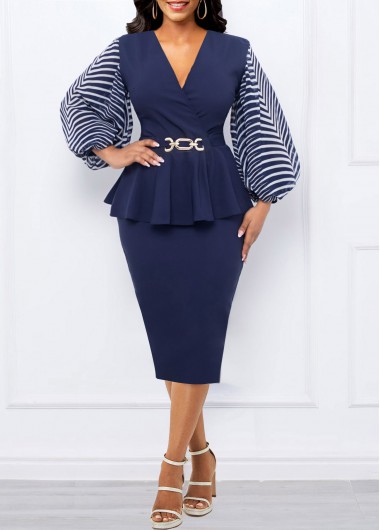 Modlily Navy Ruffle Geometric Print Long Sleeve Bodycon Dress - M