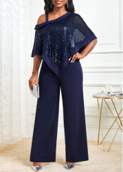 Modlily Navy Sequin Cold Shoulder Asymmetric Hem Jumpsuit - S