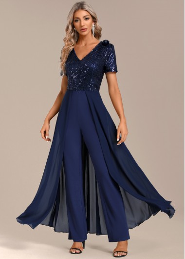 Modlily Navy Sequin Long Short Sleeve V Neck Jumpsuit - S