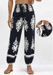 Modlily Navy Smocked Tribal Print Jogger Elastic Waist Pants - S