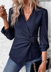 Modlily Navy Surplice Long Sleeve V Neck Shirt - S