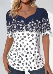 Modlily Navy Textured Fabric Ditsy Floral Print T Shirt - S