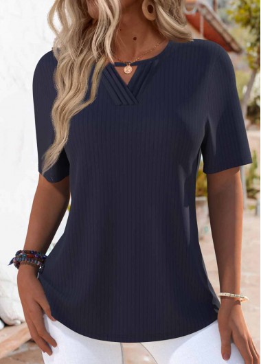 Modlily Navy Tuck Stitch Short Sleeve Round Neck T Shirt - S