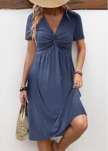 Modlily Navy Twist A Line Short Sleeve V Neck Dress - S