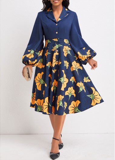 Modlily Navy Umbrella Hem Leaf Print Long Sleeve Dress - M