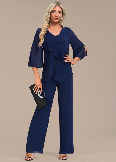 Modlily Navy Zipper Long Three Quarter Length Sleeve Jumpsuit - S