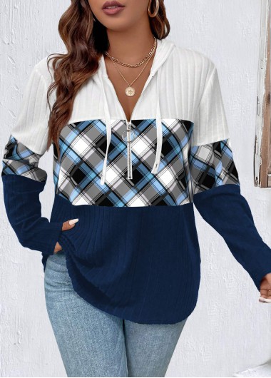 Modlily Navy Zipper Plus Size Plaid Long Sleeve Hoodie - 1X