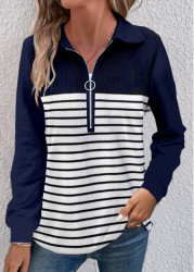 Modlily Navy Zipper Striped Long Sleeve T Shirt - S