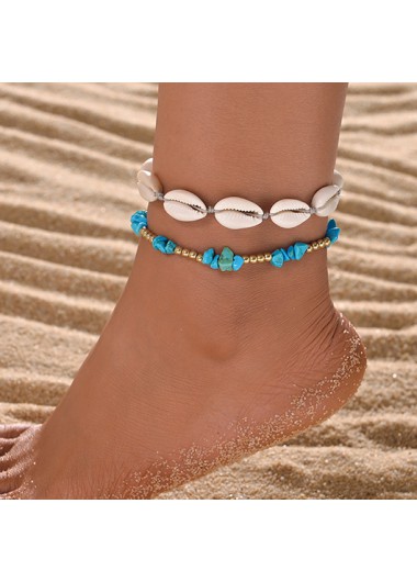 Modlily Neon Blue Shell Adjustable Asymmetric Anklets Set - One Size