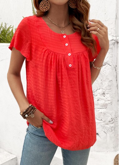 Modlily Neon Red Button Short Sleeve Round Neck T Shirt - L