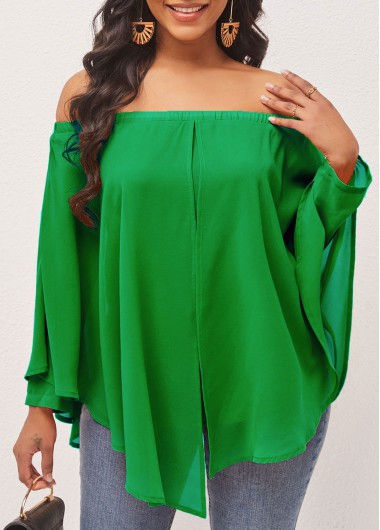 Modlily Off Shoulder Layered Asymmetric Hem Green Blouse - S