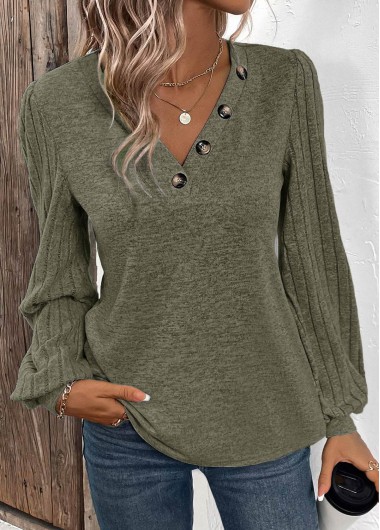 Modlily Olive Green Asymmetry Long Sleeve V Neck T Shirt - S