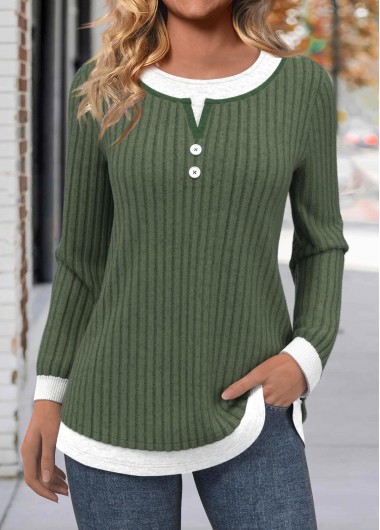 Modlily Olive Green Button Long Sleeve Round Neck T Shirt - M