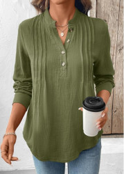 Modlily Olive Green Button Long Sleeve Split Neck Blouse - S